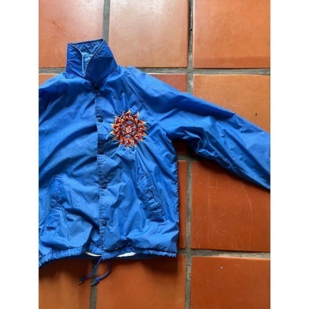 Vintage 80s jacket with embroidery, Blue, Orange, Retro Om Symbol